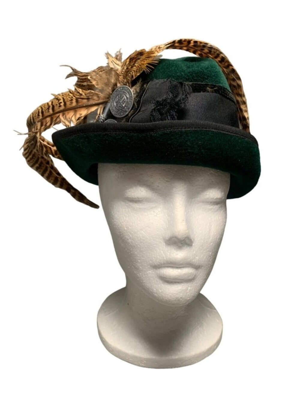 Tyrolean Green Felt Fedora Hat Feather Button Accents Size 22